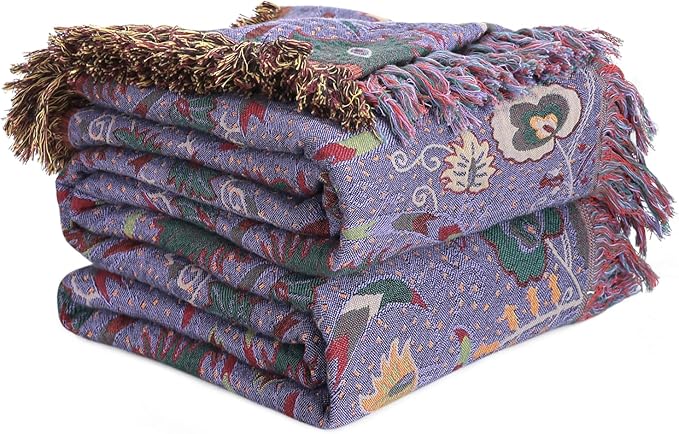 Boho Throw Blanket for Bed 100% Cotton Soft Lightweight Quilt Home Decor Purple Spring Bed Blanket,Floral Embroidery Reversible All Season Breathable Twin Throws for Sofa Couch Chair 60"x80"