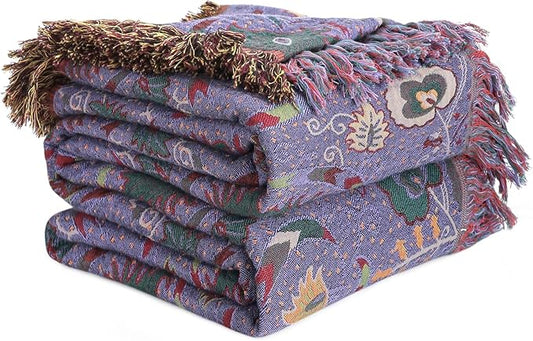 Boho Throw Blanket for Bed 100% Cotton Soft Lightweight Quilt Home Decor Purple Spring Bed Blanket,Floral Embroidery Reversible All Season Breathable Twin Throws for Sofa Couch Chair 60"x80"