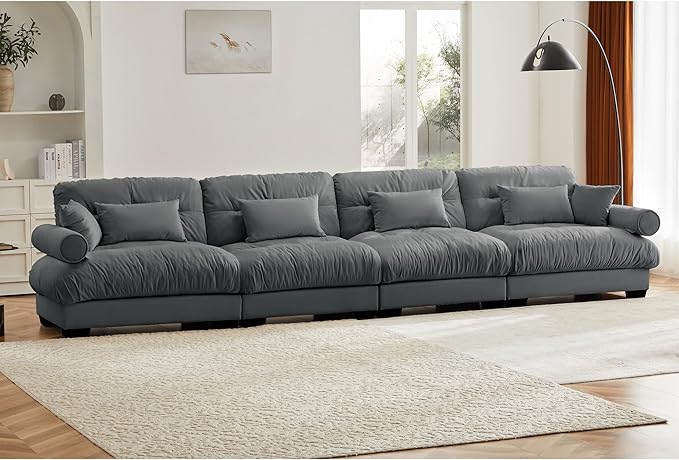 KEIKI 166" Oversized Velvet Modular Sectional Sofa with High-Density Foam Cushions and Bolstered Armrests, Upholstered Modern Style 4-Seater Cloud Couch with 6 Pillow, for Apartment, Living Room, Grey