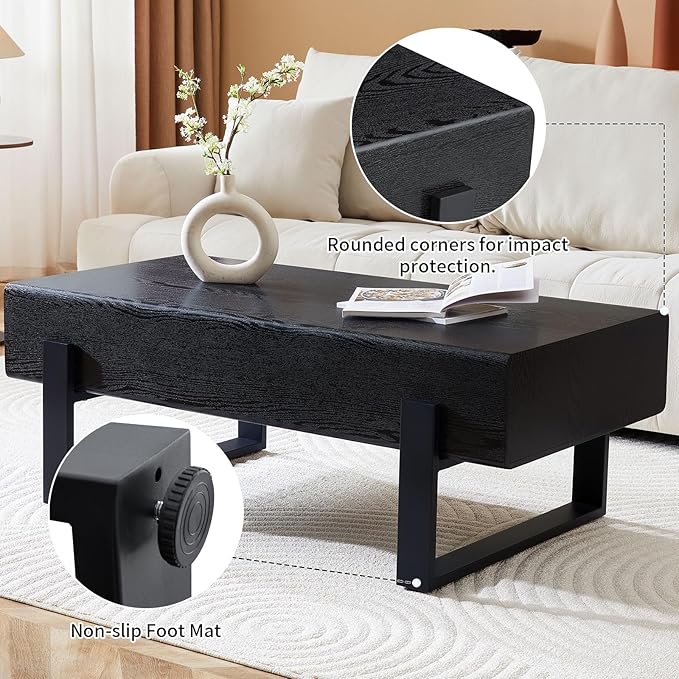 47.24" Rectangle Coffee Table, Wood Coffee Table Center Table with 7.8" Thick Tabletop Metal Legs Rounded Corners for Living Room Office, Black