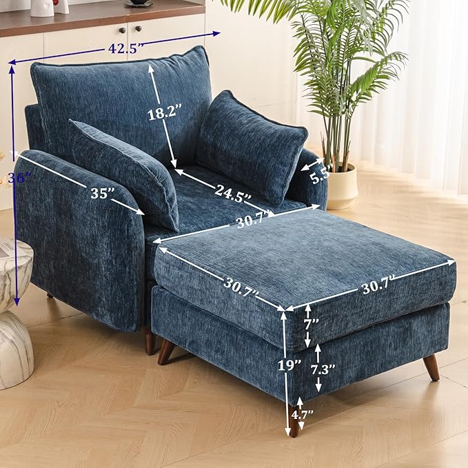 Rexulqo Oversized Accent Chair with Ottoman,All Seats Storage,Comfy Big Armchair,24.5'' Deep Seat,Upholstered Living Room Chairs,Reading Chair,Lounge Chair for Bedroom,Office,Chenille,Blue