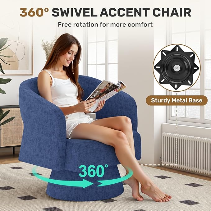 Nebuaegis Swivel Accent Chair, Modern Comfy Chenille Barrel Chairs, Oversized Upholstered Round Arm Chair for Living Room, Bedroom, Reading Room, Blue, 1 PCS