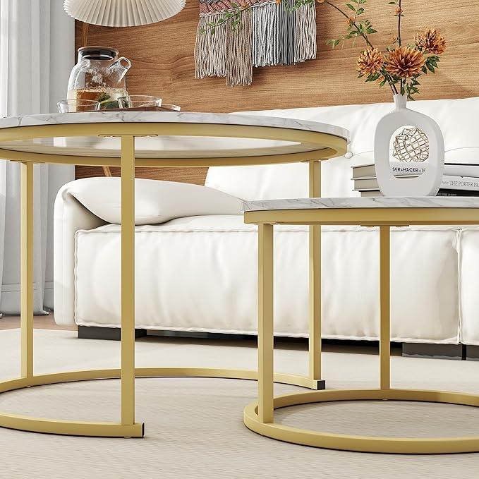 HOJINLINERO Round Coffee Table,Nesting Coffee Table Set of 2,Center Tables for Living Room,Office, Home Small Space,Stacking Side Tables,Sturdy and Easy Assembly,Wood Desktop,Golden+White,Large
