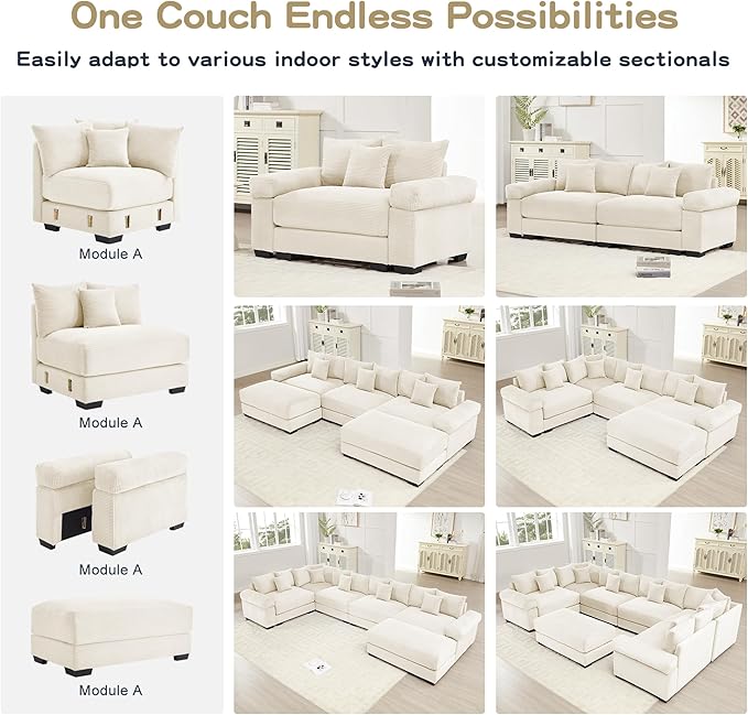 KEIKI 83" Oversized Corduroy Modular Sectional Loveseat Sofa with 2 Ottoman, High-Density Foam Cushion, Extra-Thick Armrest, Modern 2-Seater Fluffy Corner Couch with 6 Pillow, for Living Room, Beige