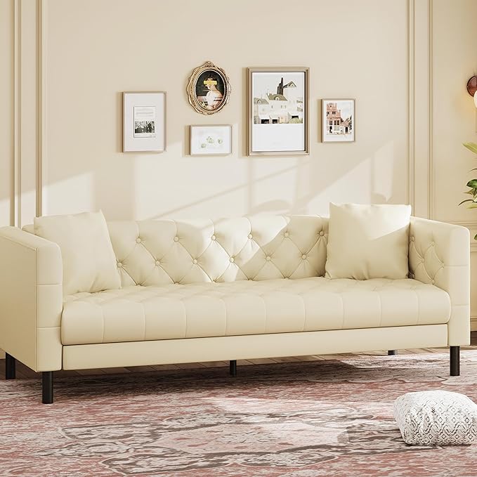 IDEALHOUSE Mid Century Modern Sofa 81 inch, Faux Leather Sofa 3 Seater, Apartment Sofa for Living Room, Chesterfield Tufted Couch with Deep Seats and 2 Pillows, Sectional Style Couch, Beige
