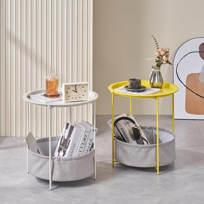 VECELO Round Side/End Table with Fabric Storage Basket，Metal Anti-Rust and Waterproof Small Bedside Nightstand with Removable Tray Top for Living Room，Balcony & Laundry，Yellow /2pcs with Basket - Image 4