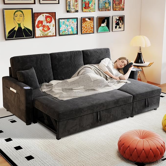 Rovibek 83" Convertible Sofa Bed Couch with Storage & USB Port – 4 in 1 L Shaped Sofa with Pull Out Couch Bed, Side Table, Cup Holder for Living Room, Apartment, Office, Small Spaces, Black