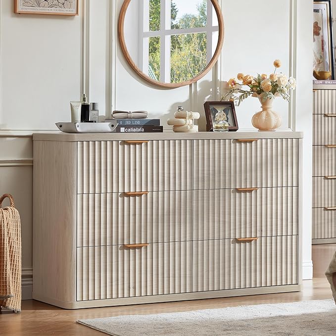 LEYAOYAO Fluted 6 Drawers Dresser Set of 2, 48" Wide Modern Chest of Drawers with Metal Handle, Light Grey Curved Profile Dresser TV Stand, Wooden Drawer Organizer for Bedroom, Living Room, Hallway - Image 3