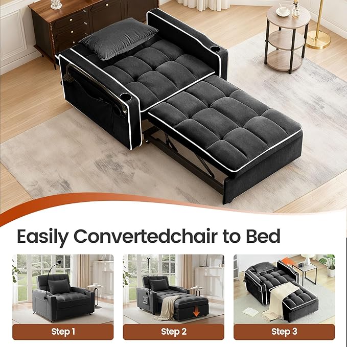 Sleeper Chair, Convertible Pull Out Chair Sleeper with Bracket and Cup Holder, Chairs Bed Sleepers for Adults, 3 in 1 Sofa Bed Chairs for Small Spaces, Living Room, Black