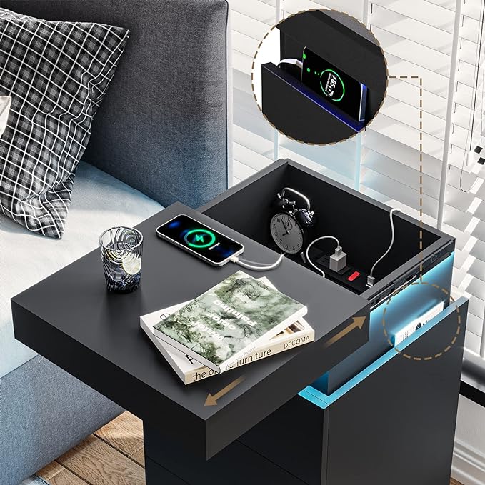ADORNEVE Nightstand with Charging Station and LED Lights,Night Stand with Sliding Top,Bedside Table with Drawers,Modern End Side Table for Bedroom,Black - Image 3