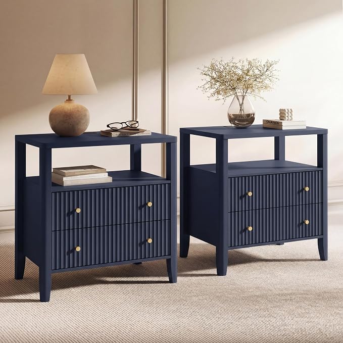 Nightstand with Charging Station, 27.3" Wide Fluted Bedside Tables with 2 Drawers & Open Shelf, Large End Tables with Storage, Metal Handle & Rounded Corners for Bedroom,Blue - Image 7