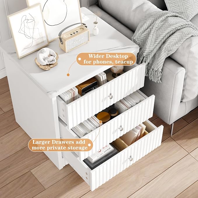 AWQM Nightstand Set of 2, Night Stand with Charger Station and 3 Drawers, End Table for Bedroom, Modern Nightstands with Storage, Suitable for Bedrooms, White - Image 5