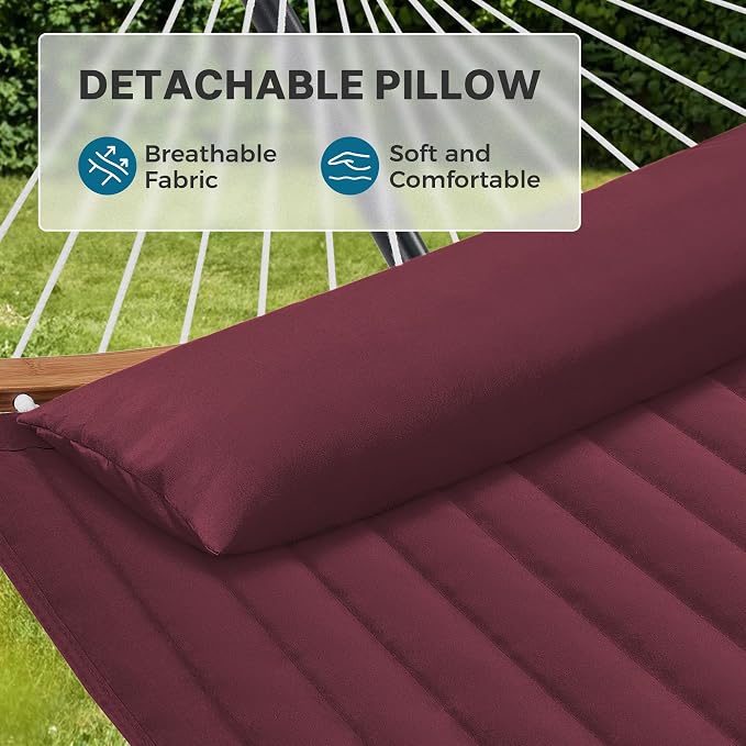 SUPERJARE Curved-Bar Hammock with Stand, 2 Person Heavy Duty Hammock Frame, Detachable Pillow & Portable Carrying Bag, Perfect for Outdoor & Indoor, Burgundy - Image 4