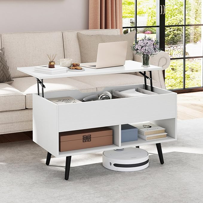 Giantex Lift Top Coffee Table, Modern Cocktail Table w/Hidden Compartment & 2 Open Shelves, Flip Top Center Table, Wooden Pull up Coffee Table for Living Room, Reception Room, Office (White)