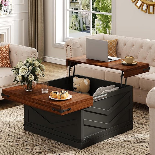 31.5'' Lift Top Coffee Table, Sliding Top Square Center Table with Large Hidden Storage Organizer, Multi-Functional Farmhouse Coffee Tables for Living Room, Bedroom, Home Office, Black