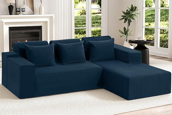 Homguava Modular Sectional Couches for Living Room,105" Cloud Couch with L-Shape Chaise,Comfy Sofa Living Room Sofas with Deep Seat,No Assembly L Couch,Corduroy Fabric(Blue,R)