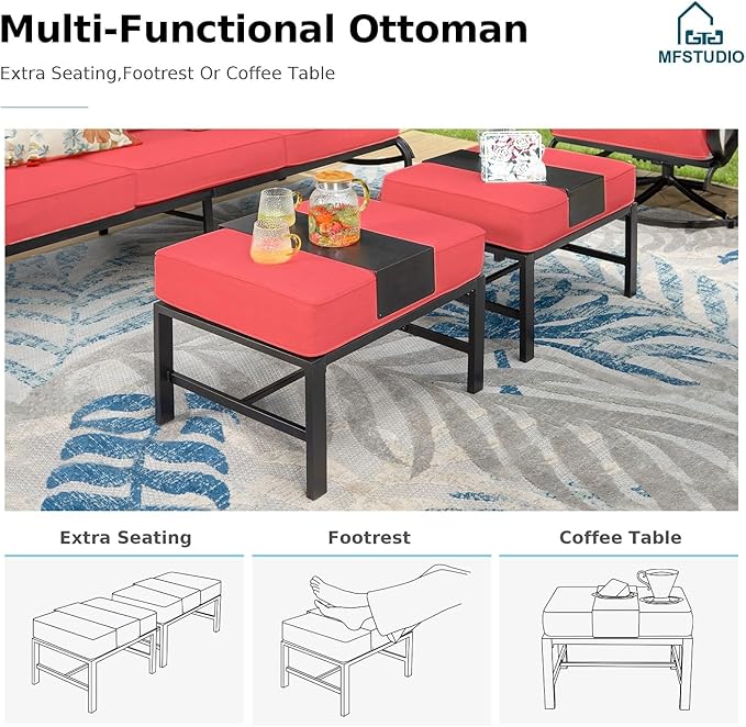 MFSTUDIO 5 Pieces Patio Conversation Sets, 7 Seats Metal Patio Furniture Sets with 1 x 3-Seat Sofa, 2 x Sofa Chairs, 2 x Ottoman, All Weather Steel Patio Sets with 5.75inch Red Cushion for Garden