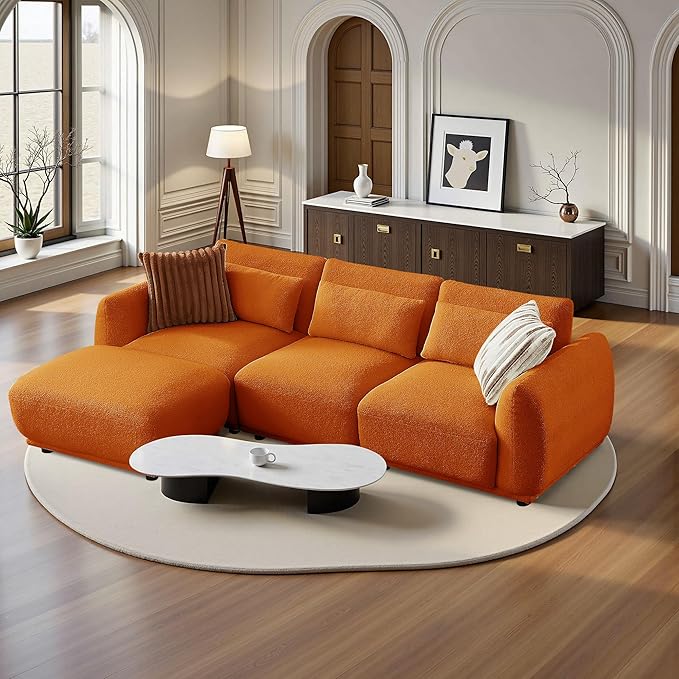Sectional Sofa Couch, Modern U Shaped Sectional Couch with Ottoman, Modular Sectional Sofa Cloud Couches for Living Room (Orange, 3 Set + 1 Ottoman)