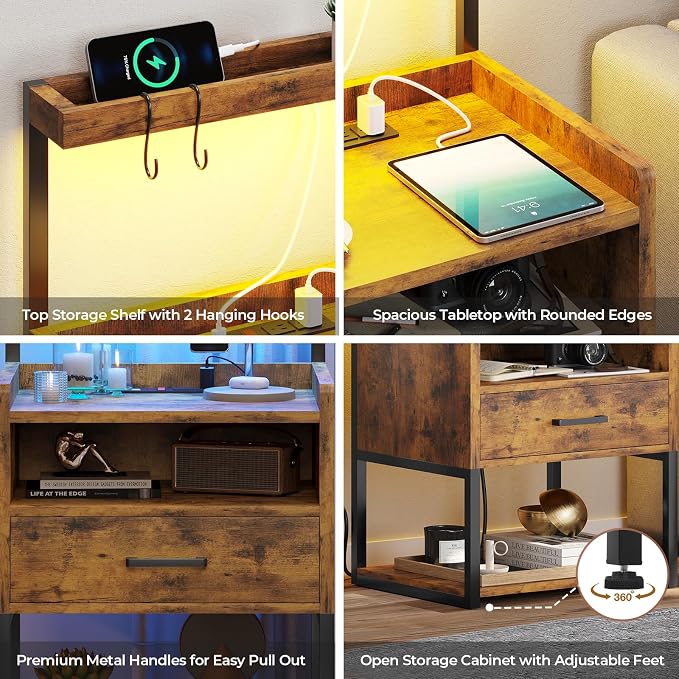 VIAGDO Rustic Brown Nightstands Set of 2 with Charging Station and LED Lights, LED Night Stand Set 2 with Drawer, Rustic End Side Table with Open Storage Shelves, Bedside Tables for Bedroom, Office - Image 7