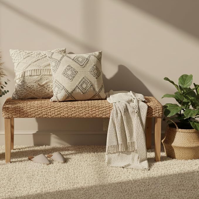 Indoor Bench Wicker for Entryway Bench, Wood Bench for Living Room Dining Bench or End of Bed Bench, 47" Boho Bench with Solid Wood Acacia & Natural Woven Seat, Rustic Farmhouse Rattan Hallway Bench - Image 4