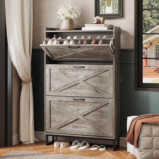 Maupvit Shoe Storage Cabinet with 3 Flip Drawers, Freestanding Organizer with Metal Legs for Entryway, Narrow Shoe Rack Cabinet, Light Rustic Oak by MaupvitFurniture