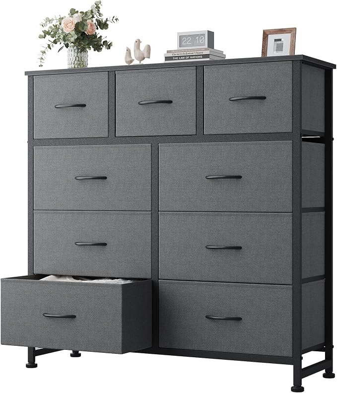 DUMOS Dresser for Bedroom, Dressers & Chests of Drawers Dresser Organizer, Wood Top Table Furniture with 9 Fabric Storage Tower Unit, Chest of Drawers for Closet, Living Room, Hallway, Porch by DumosLifestyle