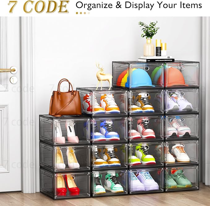7 code Thicken & Sturdy Clear Shoe Storage Organizer with Magnetic Door, Stackable Boxes for Closet, Foldable Shoe Rack for Sneaker Boot Container, Plastic Shoe Cabinet Shoe Box 6 Pack, Black - Image 5