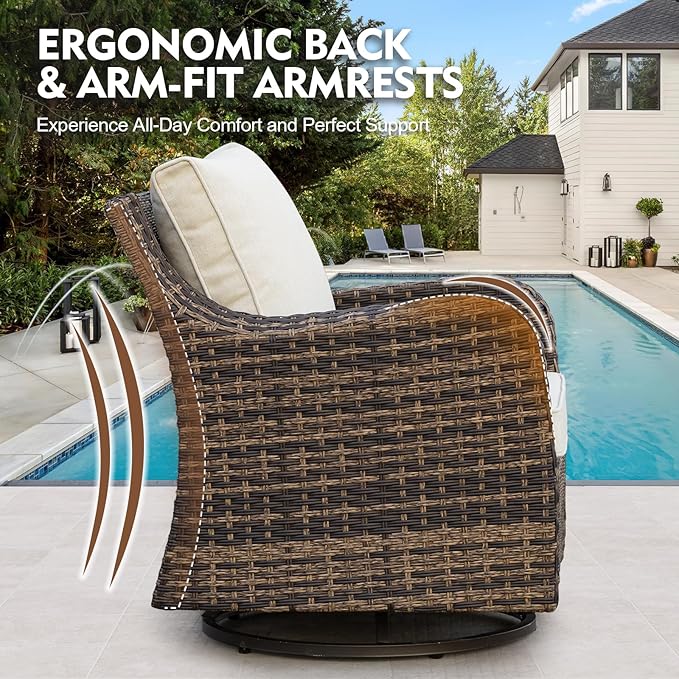 MEISSALIVVE 8 Pieces Patio Furniture Set with Swivel Rocking Chairs, Patio Conversation Set with Dining Table, Patio Dining Set with Waterproof Cushions for Lawn Backyard Porch (Brown)