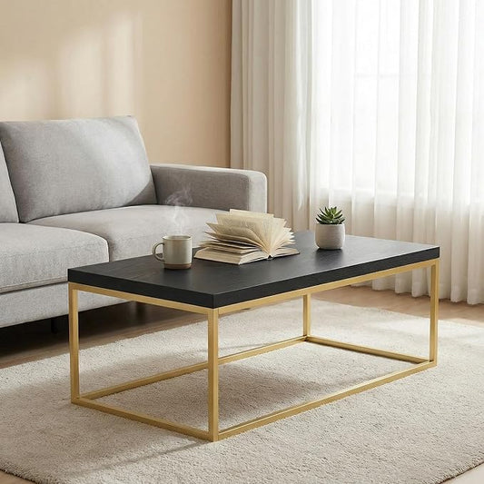 CENSI 47-Inch Black Oak Coffee Table/Center Table for Living Room, Rectangle Modern Industrial Style, Wood and Gold Metal (Black Oak & Gold)