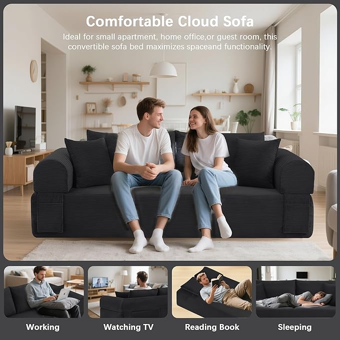 83" Modern Sofa in a Box, No Assembly Oversized 3 Seater 28" Deep Seat Cloud Sofa Bed Couch with 4 Furry Pillows & Corduroy Fabric, Boneless Couch with Side Storage Pockets for Living Room, Black