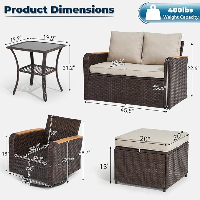 6 Pieces Outdoor Furniture Set with Swivel Chairs, Wicker Patio Furniture Sofa Couch for Porch Deck Bistro Lawn Garden Backyard Poolside-Brown Rattan/Khaki