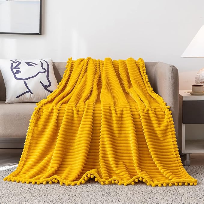 DISSA Fleece Blanket Queen Size – 71x80, Yellow - Soft, Plush, Fluffy, Fuzzy, Warm, Cozy – Perfect Throw for Couch, Bed, Sofa - with Pompom Fringe - Flannel Blanket