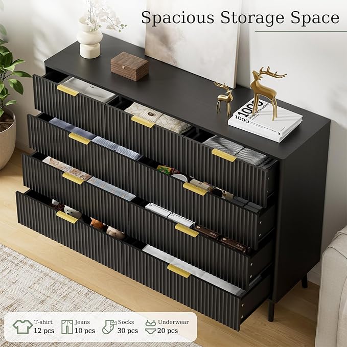 LYNSOM Fluted Dresser and Nightstand Set, 3 Pieces Bedroom Set, 55 Inch Wide 9-Drawer Dresser & 2-Drawer Nightstands Set of 2, Modern Dressers Set for Bedroom, Hallway, Black