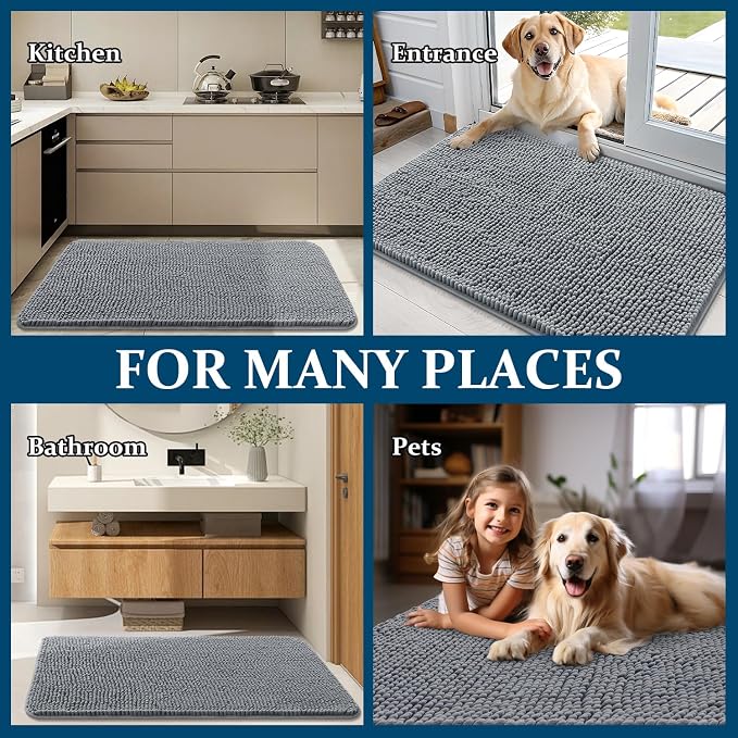 OLANLY Dog Door Mat for Muddy Paws 32x20, Absorbs Moisture and Dirt, Absorbent Non-Slip Washable Doormat, Quick Dry Chenille Mud Mat for Dogs, Entry Indoor Entryway Carpet for Inside Floor, Grey - Image 8