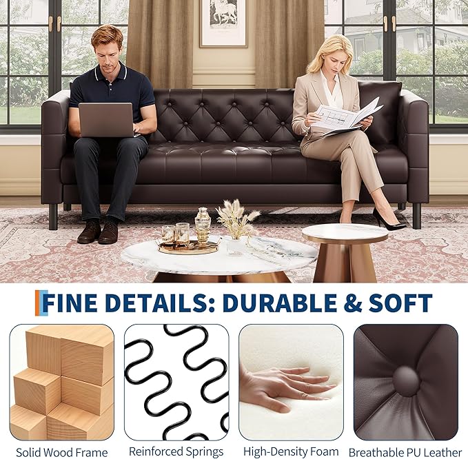 IDEALHOUSE Mid Century Modern Sofa 81 inch, Faux Leather Sofa 3 Seater, Apartment Sofa for Living Room, Chesterfield Tufted Couch with Deep Seats and 2 Pillows, Sectional Style Couch, Dark Brown