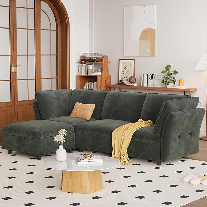97" Modular L-Shaped Sectional Cloud Couch with Storage Ottoman - Velvet Deep Seating Sofa Set with Pillows, Convertible 3-Seater for Living Room, Apartment, Office (Olive Green)