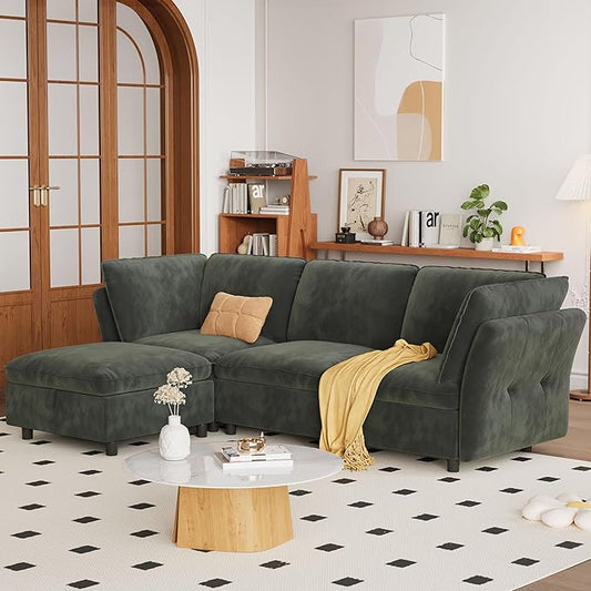 97" Modular L-Shaped Sectional Cloud Couch with Storage Ottoman - Velvet Deep Seating Sofa Set with Pillows, Convertible 3-Seater for Living Room, Apartment, Office (Olive Green)
