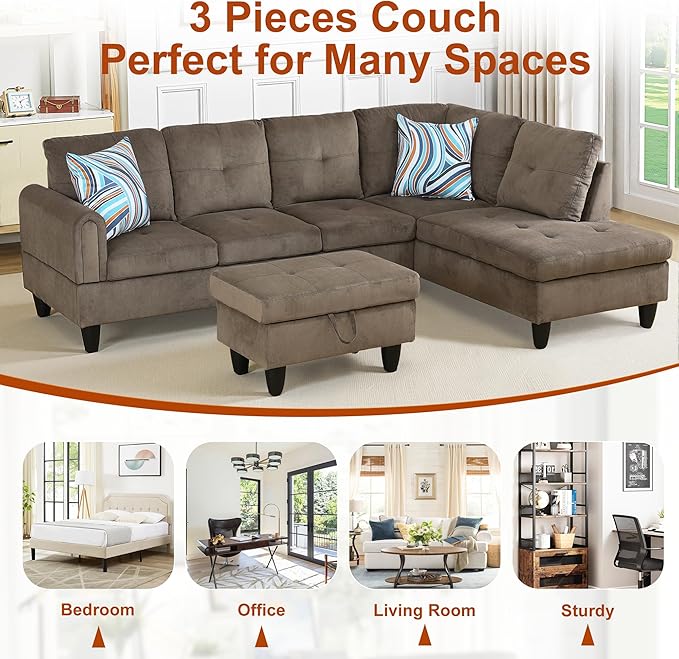 L Shaped Couch Sectional Couch Upholstered Velvet 3 Pieces Sofas for Living Room with Chaise, Ottoman with Storage for Office and Small Apartment, Brown Pineapple