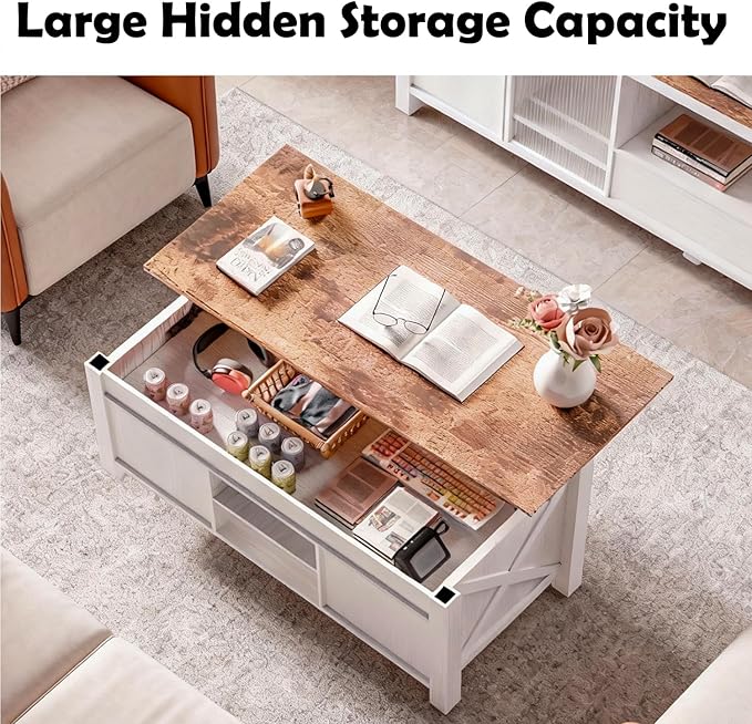 Lift Top Coffee Table with Storage, 47" Farmhouse Coffee Tables with Sliding Barn Door and Lift Tabletop Wooden Rustic Rectangle Center Table for Living Room, White