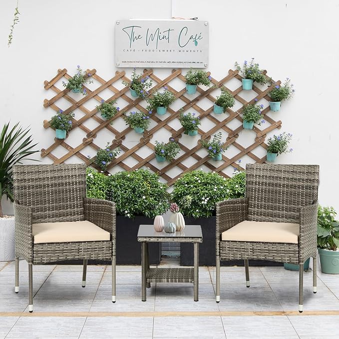 PayLessHere Set of 3 Outdoor Furniture Set Patio Furniture Set Gray Conversation Set with 2 Rattan Chairs Glass Coffee Table for Coffee Bar Poolside Patio Outdoor, Khaki Cushions