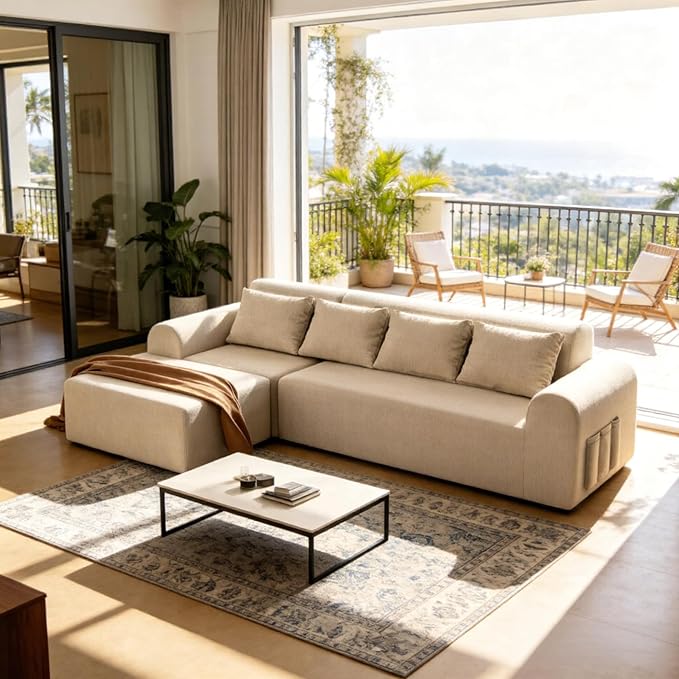 105.5” Cloud Modular Sectional Sofa, No Assembly Deep Seat L-Shaped Chenille Couch with Ottoman & 4 Pillows, 4-Seater for Living Room, Beige