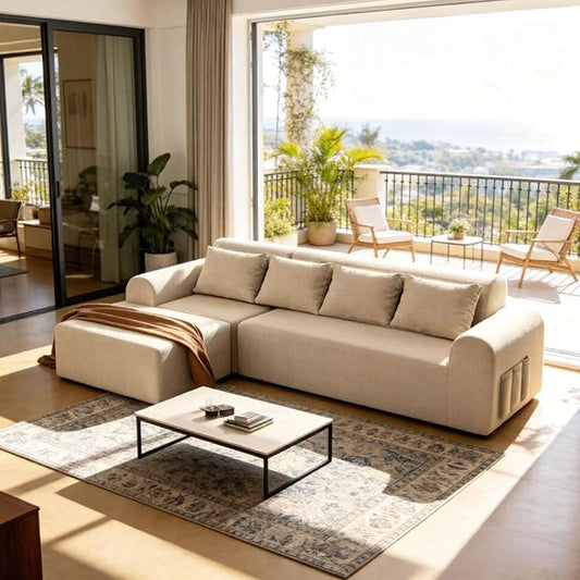 105.5” Cloud Modular Sectional Sofa, No Assembly Deep Seat L-Shaped Chenille Couch with Ottoman & 4 Pillows, 4-Seater for Living Room, Beige