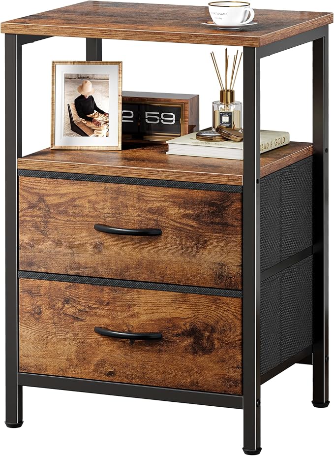 Huuger Night Stand with 2 Drawers, Bed Side Table with Open Shelf, Wooden Top, Nightstand for Bedroom, End Table for Small Space, Fabric Drawer, Rustic Brown by Huuger