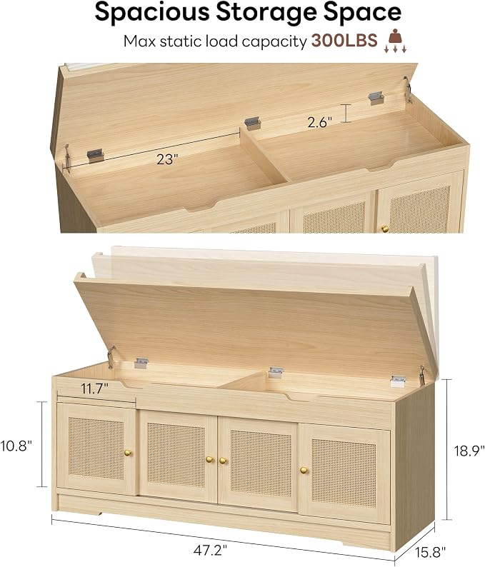 LIKIMIO 47.2" Shoe Bench with Lift Top Storage, Entryway Bench with Cushioned Seat, 2-Tier Rattan Shoe Cabinet with Adjustable Shelf, Storage Bench for Bedroom, Living Room, Hallway, Natural - Image 2