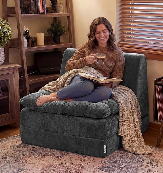Hobestluk Sofa Couch Folding Sofa Bed Comfy Floor Lounger Convertible Sofa with Removable Cushion Couches for Small Spaces Foldable Mattress for Living Room Bedroom or Office (Chenille Grey, Large)