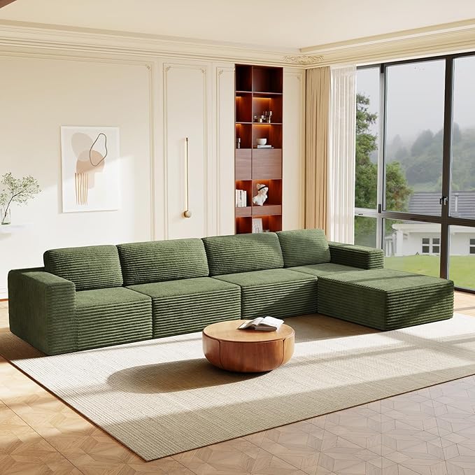 Vesgantti 159" Large Modular Sectional Sofa, L-Shaped Corduroy Cloud Couch with Deep Seats & Spring Support, 4-Seater Boneless Sofa with Movable Ottoman, No Assembly Needed, Green