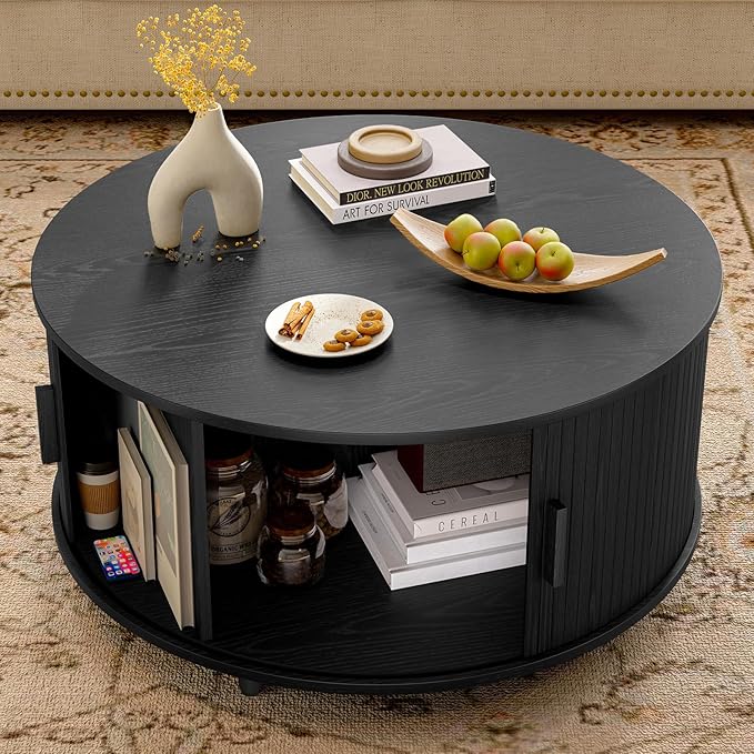 31.5 Inch Round Coffee Table, Mid-Century Modern Coffee Table wtih Storage, Fluted Coffee Table with Adjustable Footpads, 360° Rotating Sliding Door, Center Table for Living Room (Black)