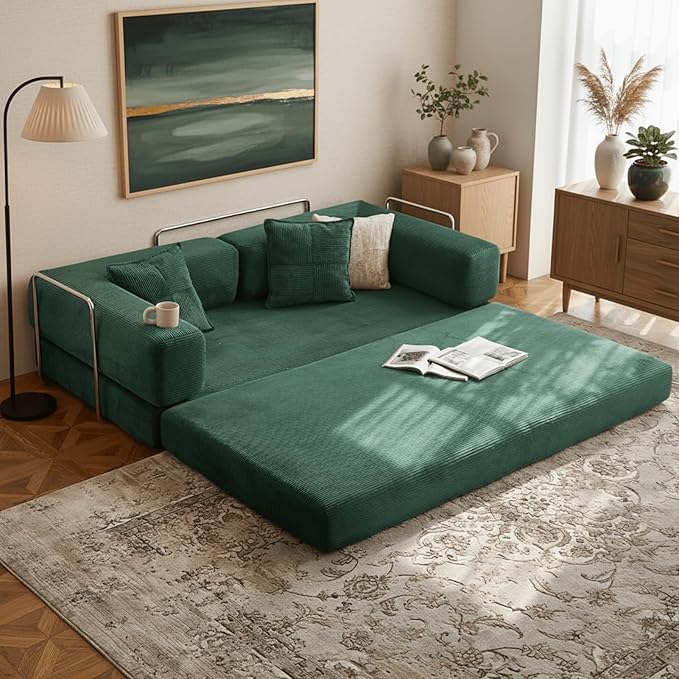 Alpen 77" Futon Sofa, Floor Foldable Sofa Couch Bed Queen with L-Shaped Armrests, Futon Bed with Mattress Included, Fold Out Comfy Lounge for Living Room Bedroom, Dark Green