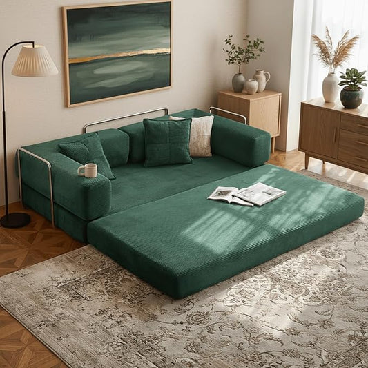 Alpen 77" Futon Sofa, Floor Foldable Sofa Couch Bed Queen with L-Shaped Armrests, Futon Bed with Mattress Included, Fold Out Comfy Lounge for Living Room Bedroom, Dark Green