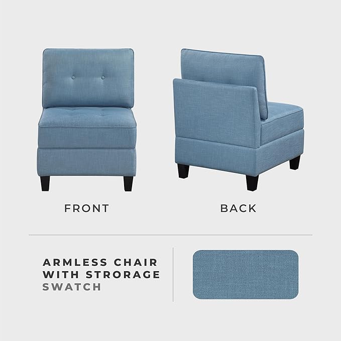 Lexicon Modern Modular Armless Chair with Hidden Storage, Textured Fabric Chair with Button-Tufted Design, Reversible Back Cushion for Living Room/Bedroom/Office, Blue